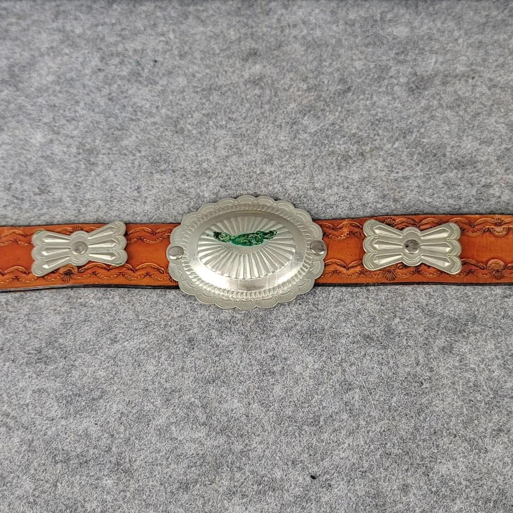 Vintage Western Tooled Leather Concho Belt Brown Silver Tone Southwestern 36 NOS - Picture 4 of 10